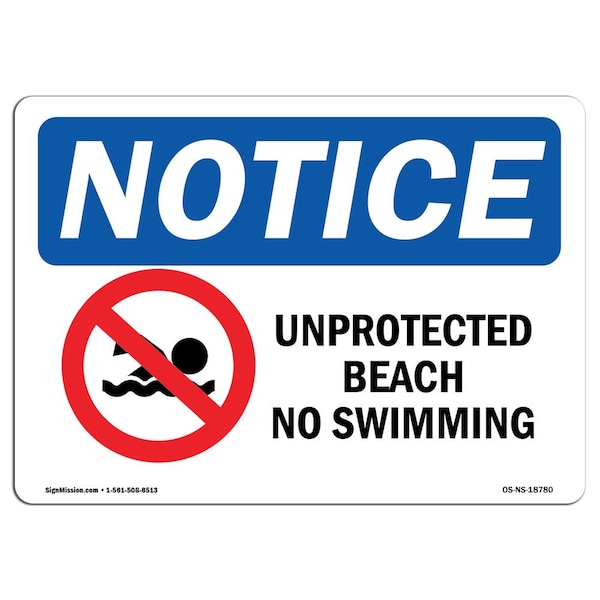 OSHA Notice Sign, 3.5" Height, Unprotected Beach No Swimming Sign With Symbol, Landscape, 10PK